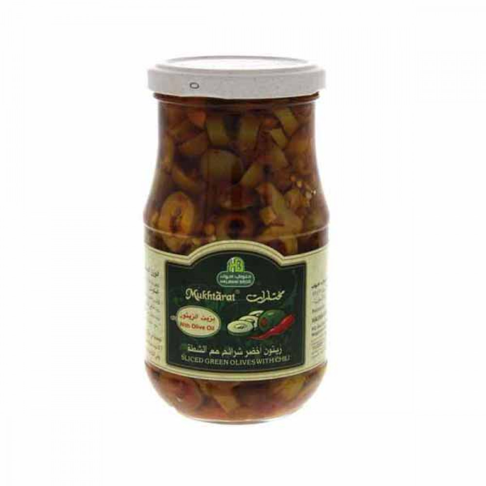 Halwani Sliced Green Olives With Chili 325gm  Halwani Sliced Green Olives With Chili 325gm