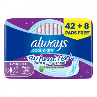 Always Cool & Dry Maxi Thick Large Pads with Wings 42 + 8 Free 